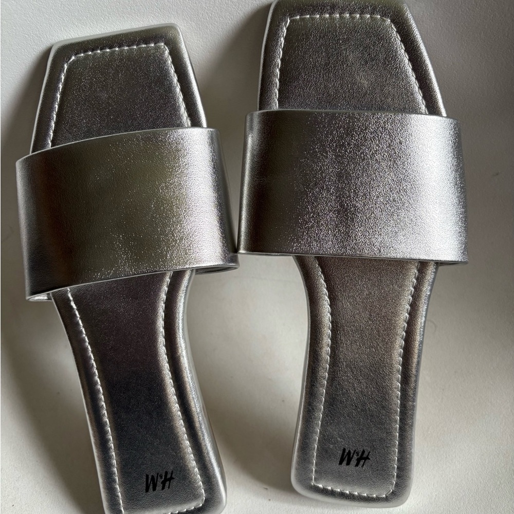 H&M Metallic Silver Wide-Strap Slide Sandals